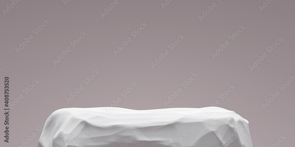 White stone product background stand or rock podium pedestal on advertising display with blank backdrops. 3D rendering.