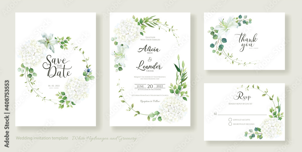 Wedding Invitation card, save the date, thank you, rsvp template. Vector. White lily, Hydrangea with greenery flower.