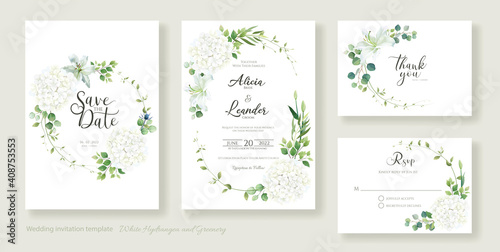 Wedding Invitation card, save the date, thank you, rsvp template. Vector. White lily, Hydrangea with greenery flower.