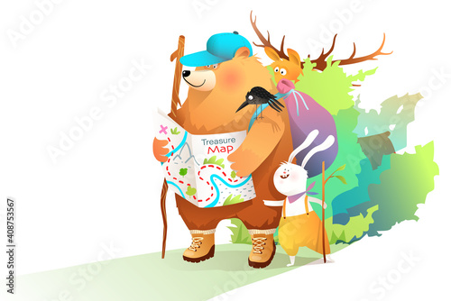 Bear Rabbit and Moose travel with map in the forest, kids animals explorers with map and backpack in the nature, funny story. Vector graphics for kids events, books or prints.