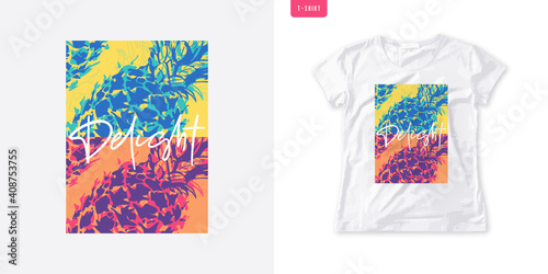 Summer graphic womens tee with pineapple, stylish print, vector illustration
