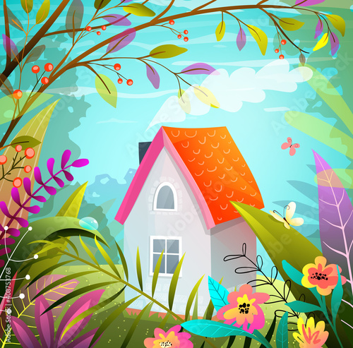 Tiny house in the woods, imaginary magic hand drawn illustration in gouache colorful style . Postcard or greeting card background, house in nature. Hand drawn artistic vector background.