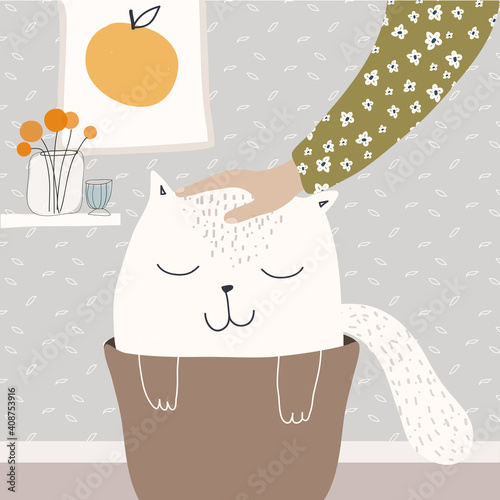 Flat vector illustration of a cute white cat sitting in a pot indoors in the room and a woman's hand caresses the kitty. Poster of the character of a homely kitten in a cozy home.