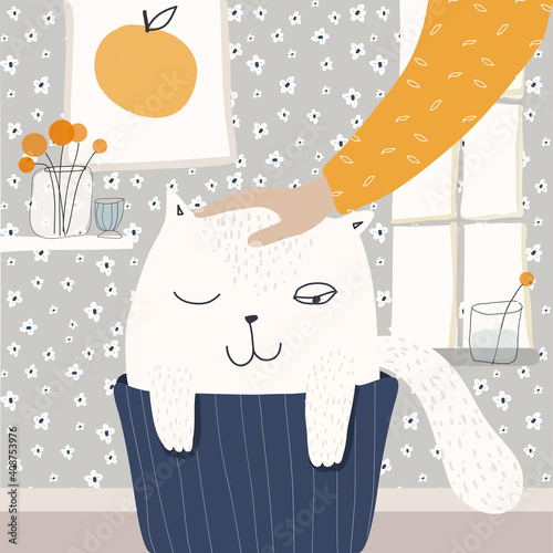 Cute flat vector illustration of an adorable white cat sitting in a pot indoors in the room and a woman's hand caresses the kitty. Poster of the character of a homely kitten.