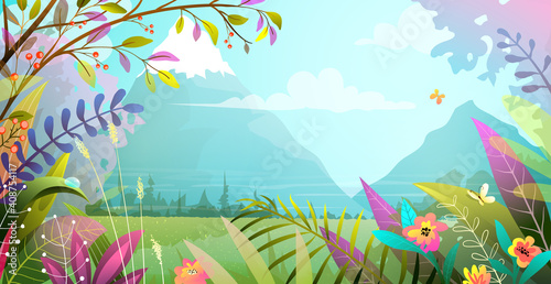 Beautiful landscape with trees flowers grass and mountains in the background. Nature magical heavenly scenery, modern illustration in watercolor style. Nature and woods vector background.