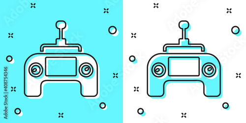 Black line Drone radio remote control transmitter icon isolated on green and white background. Random dynamic shapes. Vector.