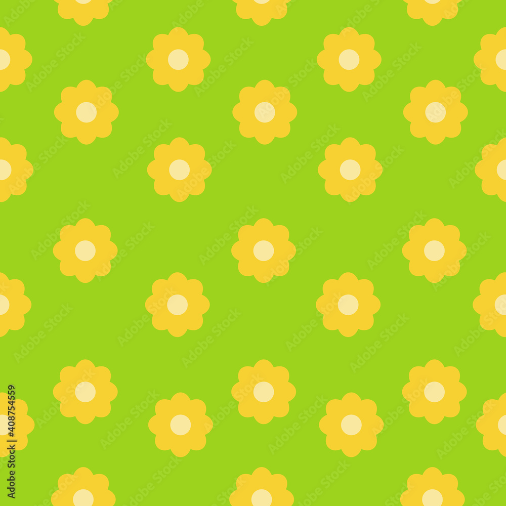 Seamless pattern of simple yellow flowers with a light middle on a bright green background, spring blooming for design Seamless pattern of simple yellow flowers with a light middle on a bright green background, spring blooming for design