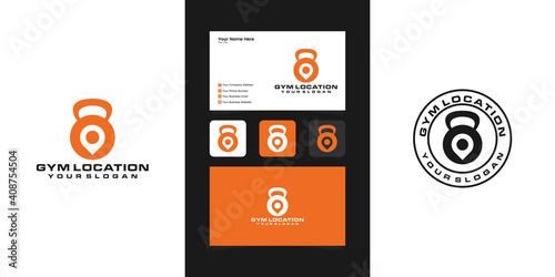 Fitness location with barbell logo design and negative space pin map, modern logo and vintage design template and business card