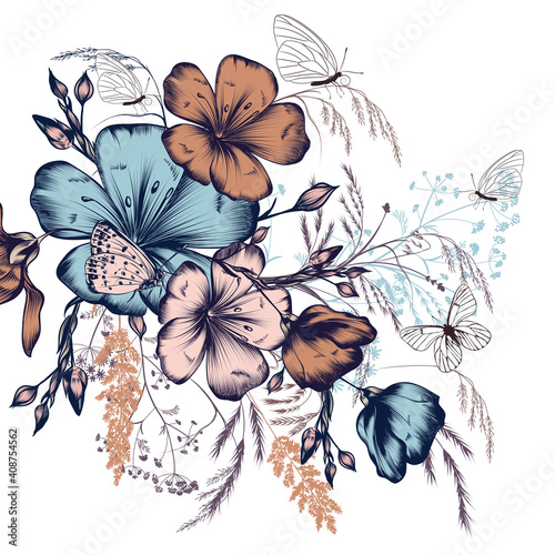 Fashion illustration with flowers ad butterflies for design