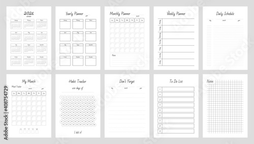 Planner page templates. Yearly, monthly, weekly and daily organizers and calendar for personal and work issues. Vector 10 ESP. photo