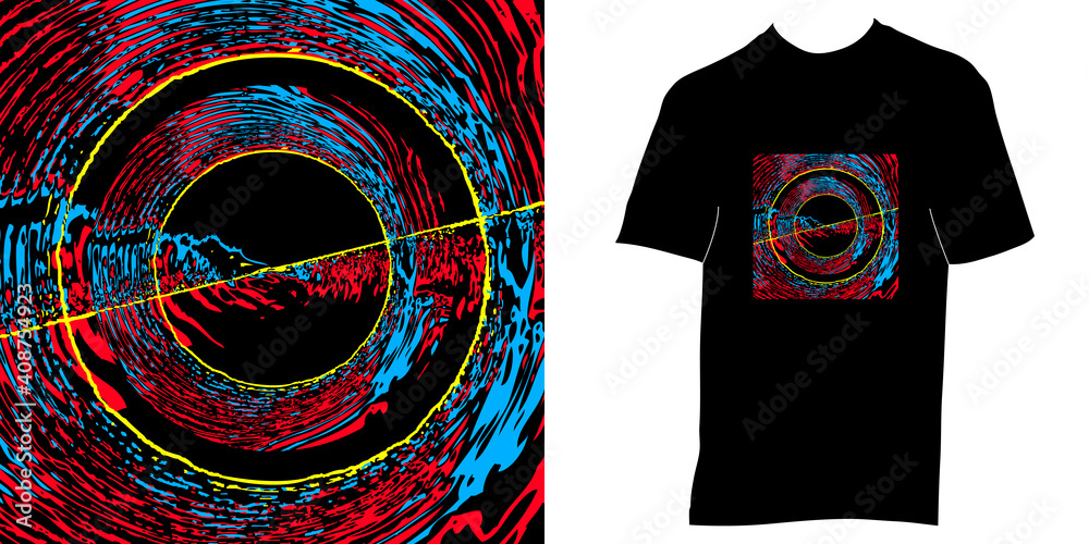 Image vectorielle abstraite d’un fractal psychédélique rouge, bleu, jaune et noire et de son application commerciale sur un T-shirt.