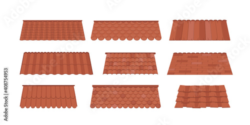 Large Set of Roofs for the design of summer cottages. Brown tile roof isolated on white background. Cartoon style. Vector illustration.