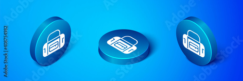 Isometric Sport bag icon isolated on blue background. Blue circle button. Vector.