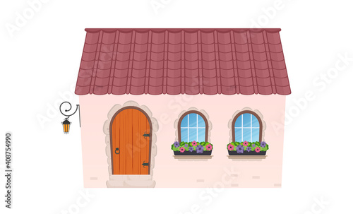 Small country house with a semicircular door. House in flat cartoon style. Isolated on white background. Vector