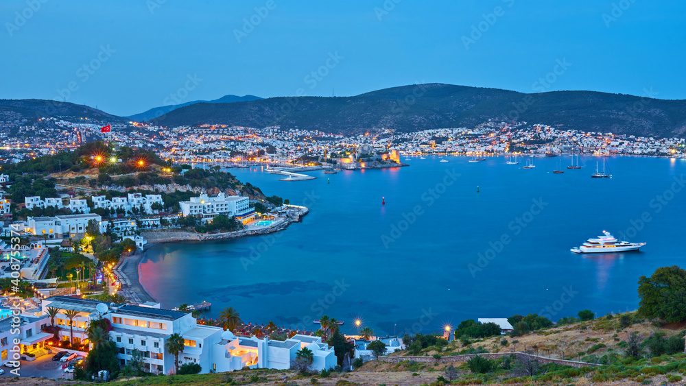 Bodrum night cityscape. Panoramic view over the bay in Bodrum