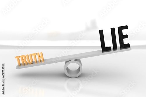 3D illustration of a balance where a small truth outweighs a big lie photo