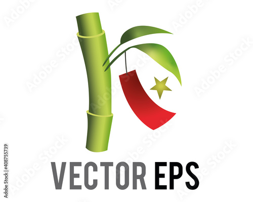 Vector Tanabata wish bamboo tree, icon with people hang wishes written on paper