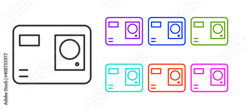 Black line Action extreme camera icon isolated on white background. Video camera equipment for filming extreme sports. Set icons colorful. Vector Illustration.