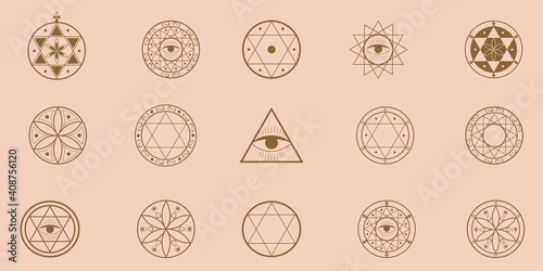 Set of linear magic symbols and icons in modern minimalist style. Design for amulet, logo, decoration. Vector flat illustration