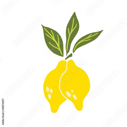 Lemon branch. Exotic tropical yellow citrus fresh fruit, whole juicy lemon with green leaves vector cartoon minimalistic style isolated illustration. Print or banner, label or poster, sticker