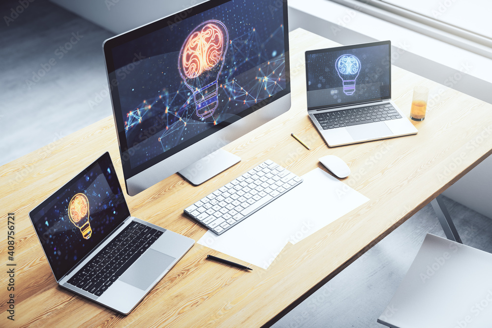Creative light bulb with human brain hologram on modern laptop monitor, artificial Intelligence and neural networks concept. 3D Rendering Creative light bulb with human brain hologram on modern laptop monitor, artificial Intelligence and neural networks concept. 3D Rendering