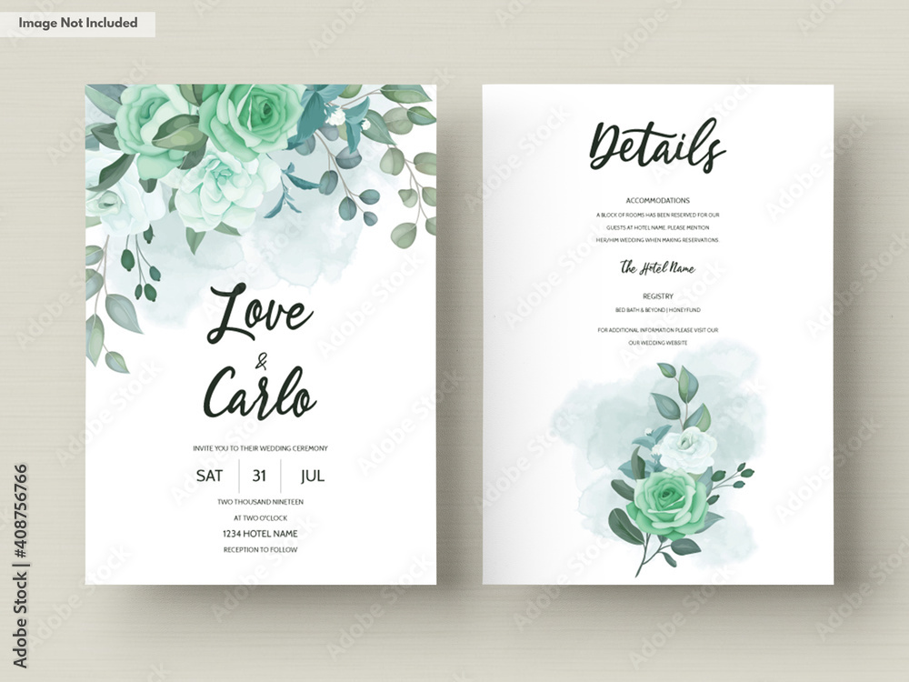 Wedding invitation card template set with greenery flower and leaves