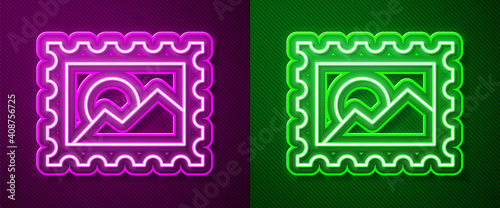 Glowing neon line Postal stamp icon isolated on purple and green background. Vector Illustration.