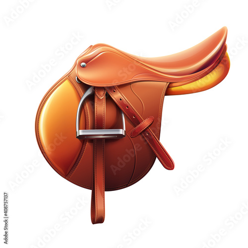 English saddle, brown leather, isolated on white background