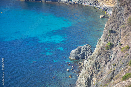 Cape Fiolent. Beautiful views of the Black Sea coast at Cape Fiolent in summer in clear weather. Aerial view to beautiful sea coast with turquoise water and rocks