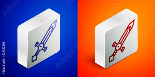 Isometric line Medieval sword icon isolated on blue and orange background. Medieval weapon. Silver square button. Vector.