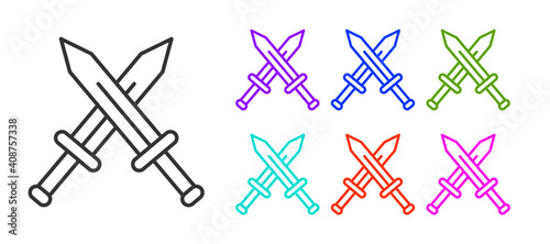 Black line Crossed medieval sword icon isolated on white background. Medieval weapon. Set icons colorful. Vector.