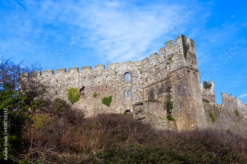 Manorbier Castle in Pembrokeshire south Wales UK which is an 11th century Norman fort ruin and a popular travel destination tourist attraction landmark  stock photo image