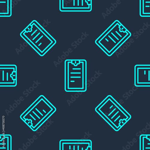 Green line Clipboard with checklist icon isolated seamless pattern on blue background. Control list symbol. Survey poll or questionnaire feedback form. Vector.