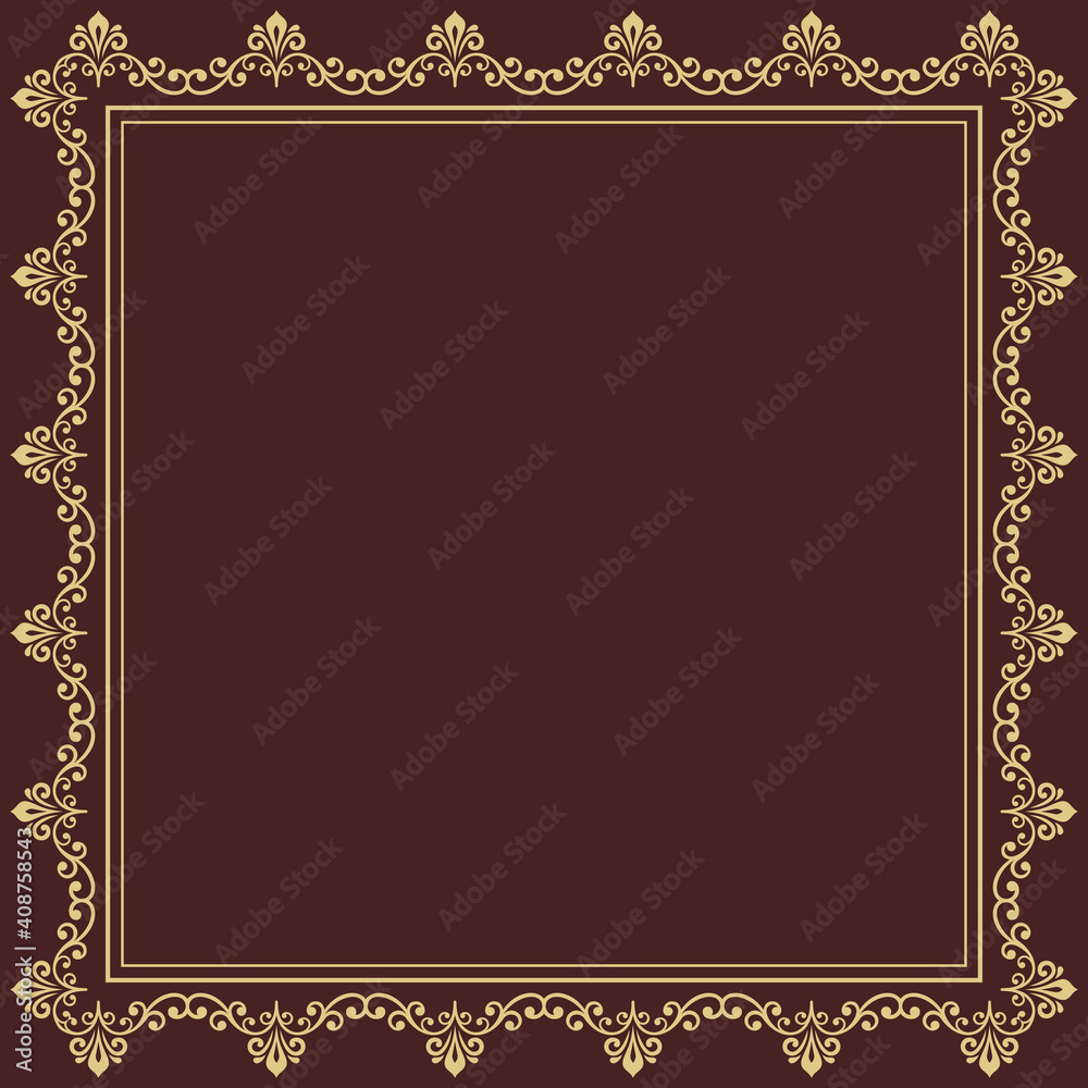 Classic vector square golden frame with arabesques and orient elements. Abstract golden ornament with place for text. Vintage pattern