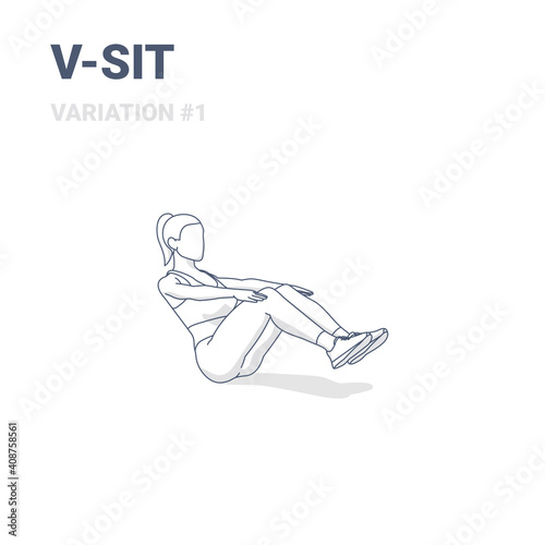 V-Sit Female Home Workout Exercise Guide Illustration or Boat Yoga Pose Outline Concept