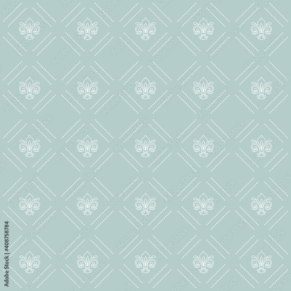 Seamless vector pattern. Modern geometric light blue and white ornament with royal lilies. Classic vintage background