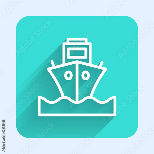 White line Cargo ship icon isolated with long shadow. Green square button. Vector.