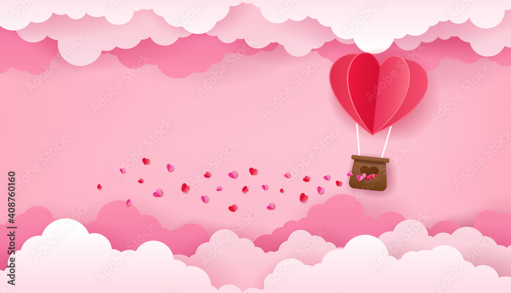 Love and Valentines day concept, Paper art of red heart shaped hot air balloon flying on the pink sky with cloud