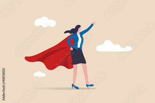 Lady power, woman leadership, feminism or female empowerment concept, confidence powerful businesswoman wearing business suit with superhero cape.