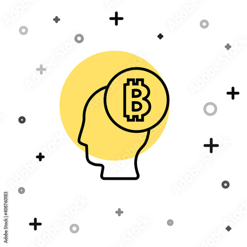 Black line Bitcoin think icon isolated on white background. Cryptocurrency head. Blockchain technology, digital money market, cryptocoin wallet. Random dynamic shapes. Vector.