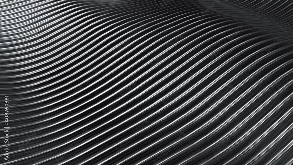 3D rendering closeup abstract black silver and white stripe slicing wavy background. Minimalism illustration concept. 4K motion graphic design footage video
