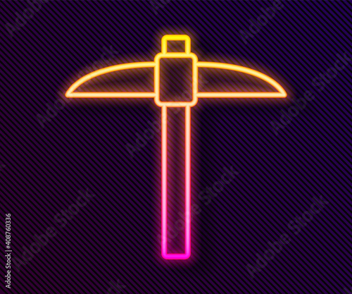 Glowing neon line Pickaxe icon isolated on black background. Blockchain technology, cryptocurrency mining, bitcoin, digital money market, cryptocoin wallet. Vector.