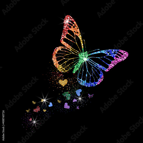 Rainbow colors glittering butterfly with hearts. Beautiful colorful silhouettes on black background for Valentines day, wedding, kids, branding, label, banner, or LGBT symbol. Vector illustration.