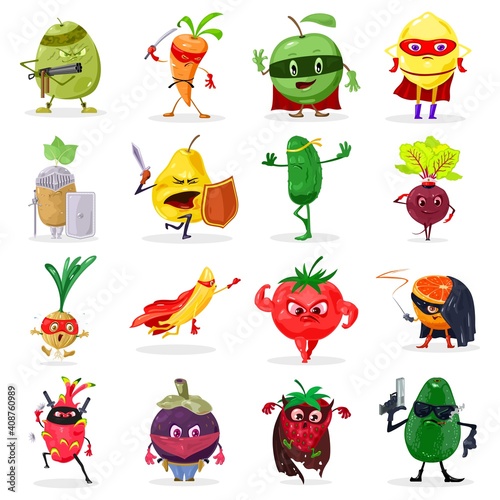 Collection of super coconut, carrot, apple, lemon, potato, pear, cucumber, beet, onion, banana, tomato, orange, dragon eye fig strawberry and avocado Vector organic food idea isolated on white