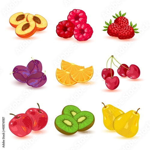 Collection of vitaminized mellow fruits prepared for making jam. Vector apricot, raspberry, peach, strawberry, plum, orange, cherry, apple, kiwi and pear harvest design isolated on white background