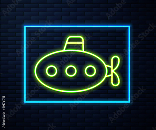 Glowing neon line Submarine toy icon isolated on brick wall background. Vector.