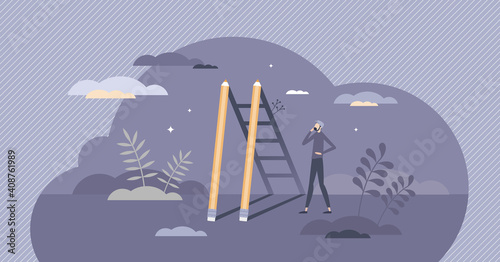 Creative success and stairway to work project achievement tiny person concept