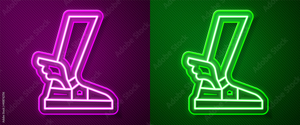 Glowing neon line Hermes sandal icon isolated on purple and green background. Ancient greek god Hermes. Running shoe with wings. Vector. Glowing neon line Hermes sandal icon isolated on purple and green background. Ancient greek god Hermes. Running shoe with wings. Vector.