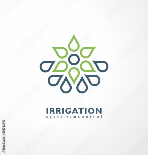 Irrigation logo idea with green plant and water drops. Agriculture industry logo symbol. Farming and agronomy vector icon design. 