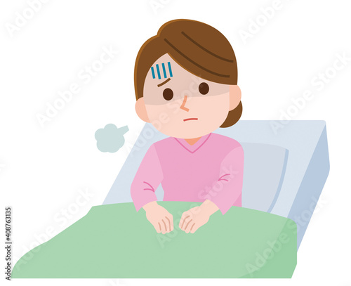 入院　不安でため息をつく女性入院患者　イラスト